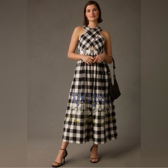 NWT Anthropologie Verb Embroidered Gingham Plaid Halter Maxi Dress SZ Large - Picture 2 of 16
